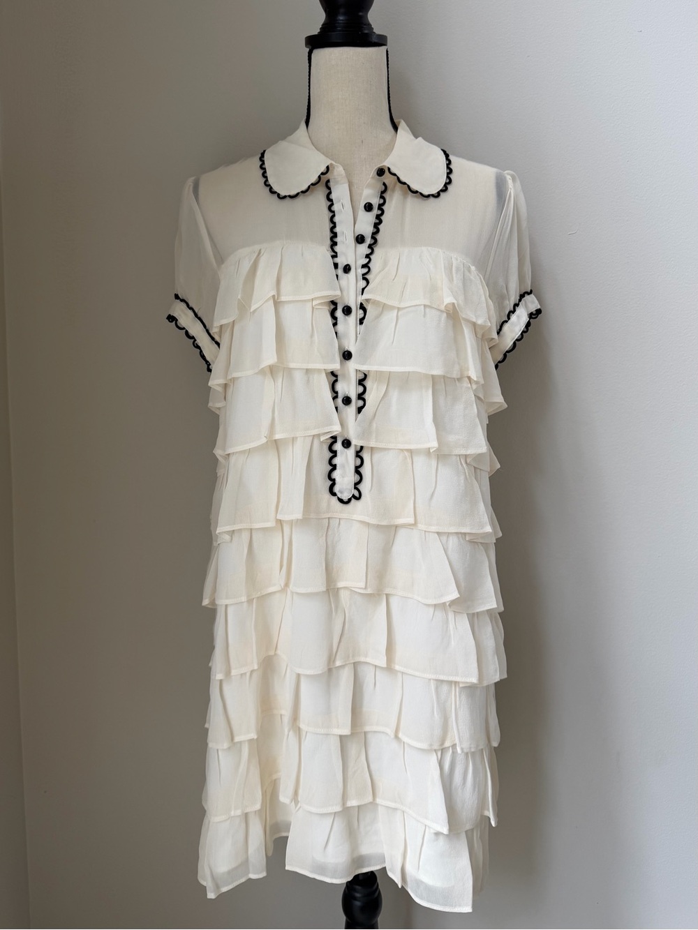 Kensie Ivory Ruffled Tiered Dress with Black Trim and Peter Pan Collar 100% Silk - Picture 2 of 8